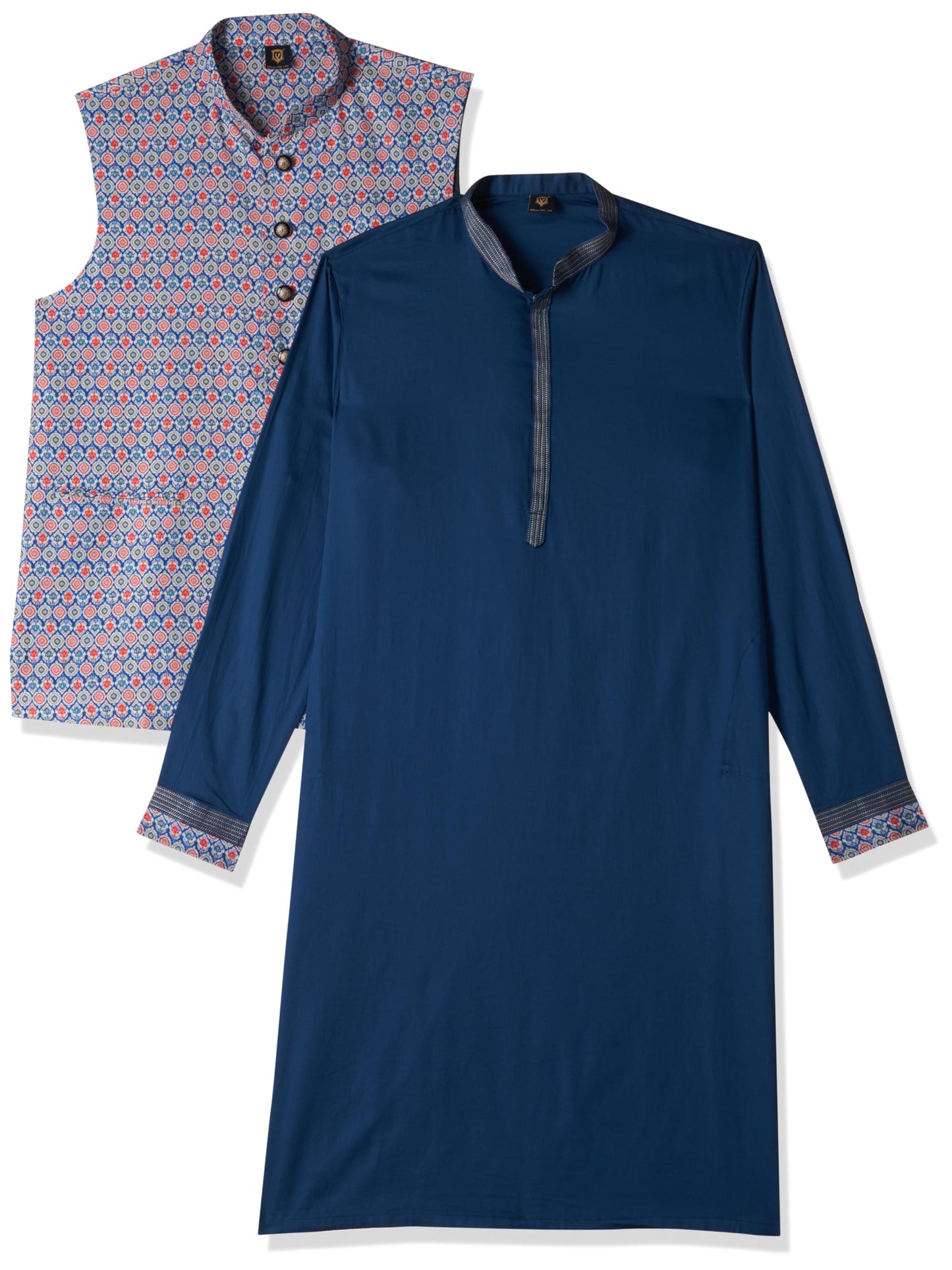 Manyavar Blue Cotton Printed Celebration Kurta Jacket Set With Mandarin Collar