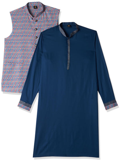 Manyavar Blue Cotton Printed Celebration Kurta Jacket Set With Mandarin Collar