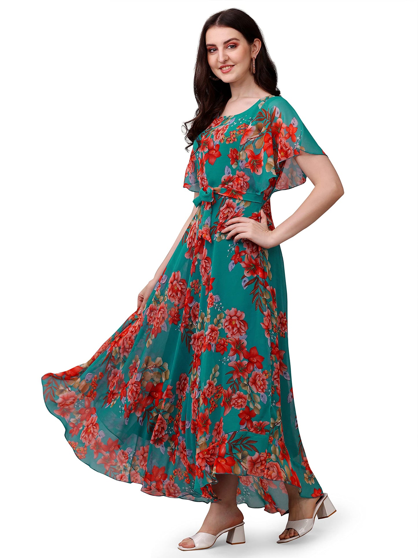 Trillmixa WomenS Georgette Floral Maxi-Length Dress(T_Flower) Light Blue
