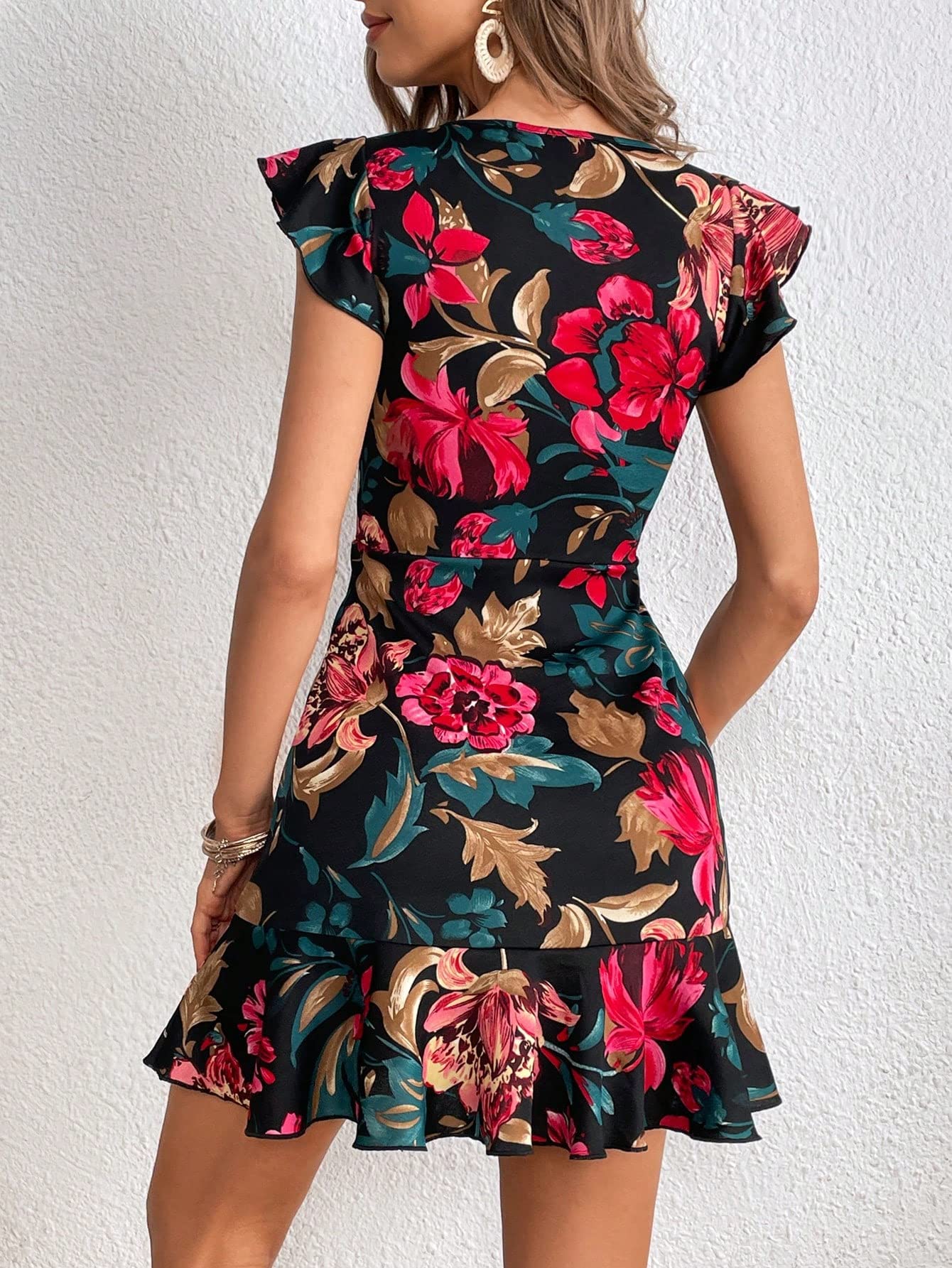 Shasmi GirlS & WomenS Black Floral Print Cap Sleeve Ruffle Trim Short Dress Summer Boho One Piece Mini Dress For Women Stylish
