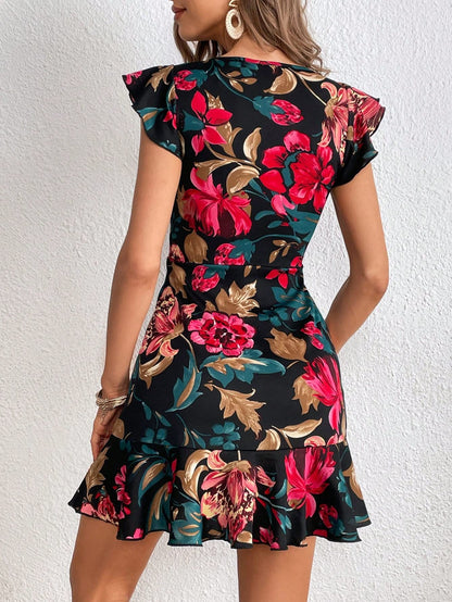Shasmi GirlS & WomenS Black Floral Print Cap Sleeve Ruffle Trim Short Dress Summer Boho One Piece Mini Dress For Women Stylish