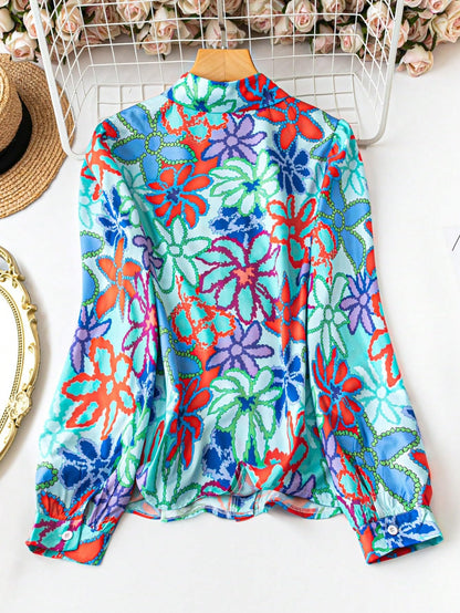 Shasmi Girls & Womens Solid Sea Green Colorful Casual Fit Lapel Cardigan Shirt Colorful Flower Printed Long Sleeve Shawl Colla