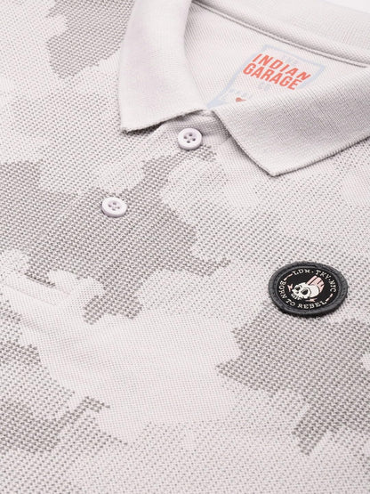 The Indian Garage Co Men Slim Fit Abstract Printed Polo Collar Tshirt Beige