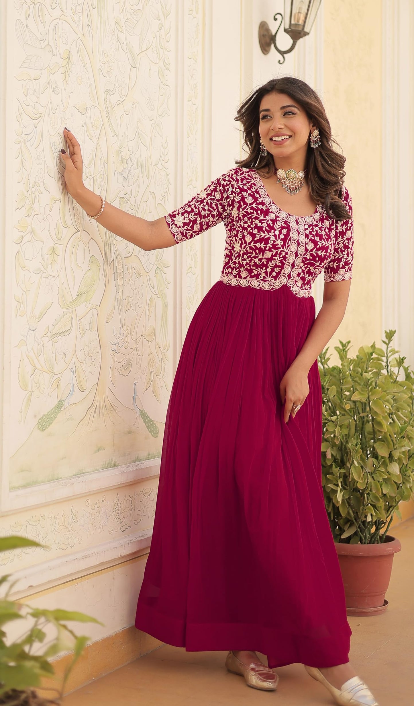 Wedani Georgette Embroidered Long Gown for Women Pink
