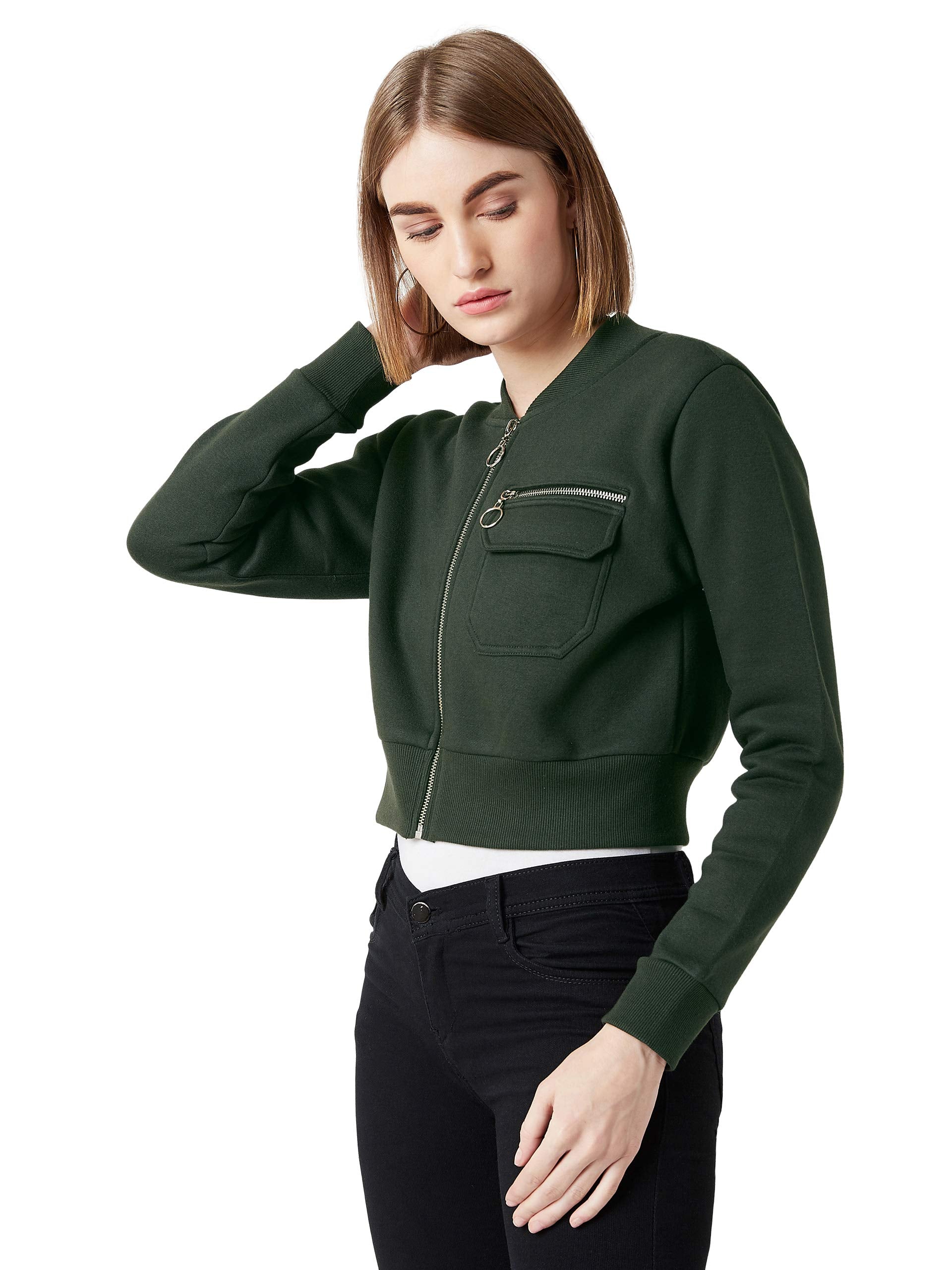 Miss Chase Womens Full Sleeves Cropped Jacket (MCAW24JKT99-44-48-06, Green, XL)