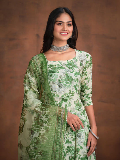 ishin Women'S Ethnic Green Floral Print Cotton Blend Kurta Set With Dupatta