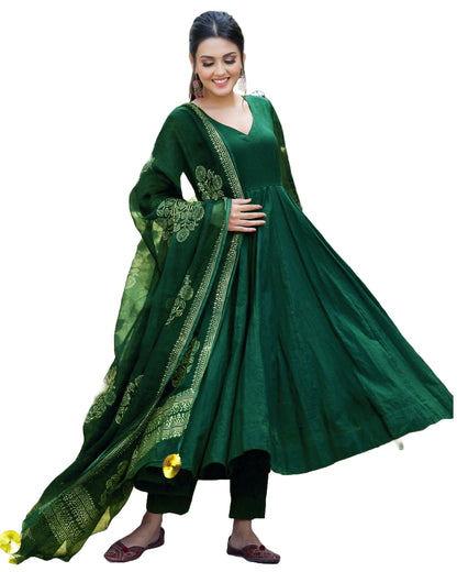 Gosriki WomenS Cotton Blend Solid Anarkali Kurta With Pant & Dupatta (Magic-Green-Gs_L_Green_Large)