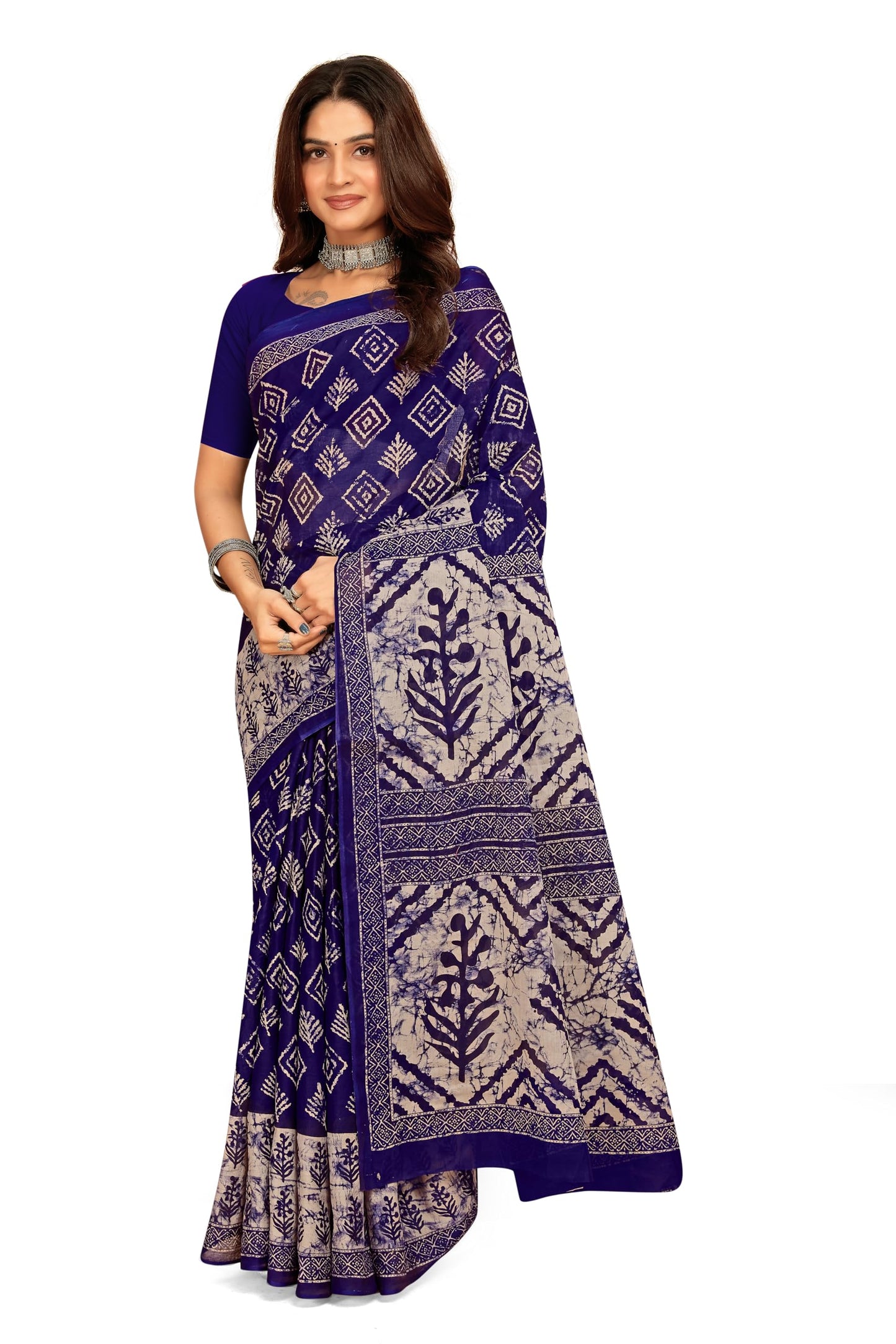 Tamaira Fashion WomenS Batik Printed Pure Cotton Mulmul Saree Without Blouse Piece(2480_Grey&Blue)