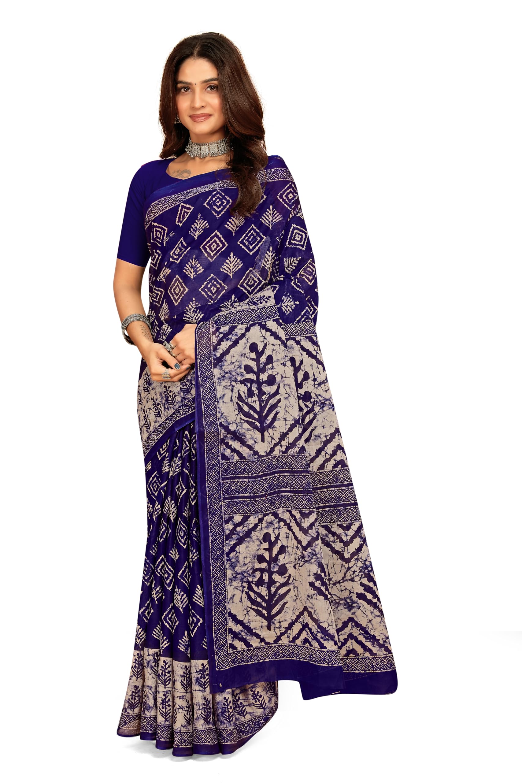 Tamaira Fashion WomenS Batik Printed Pure Cotton Mulmul Saree Without Blouse Piece(2480_Grey&Blue)