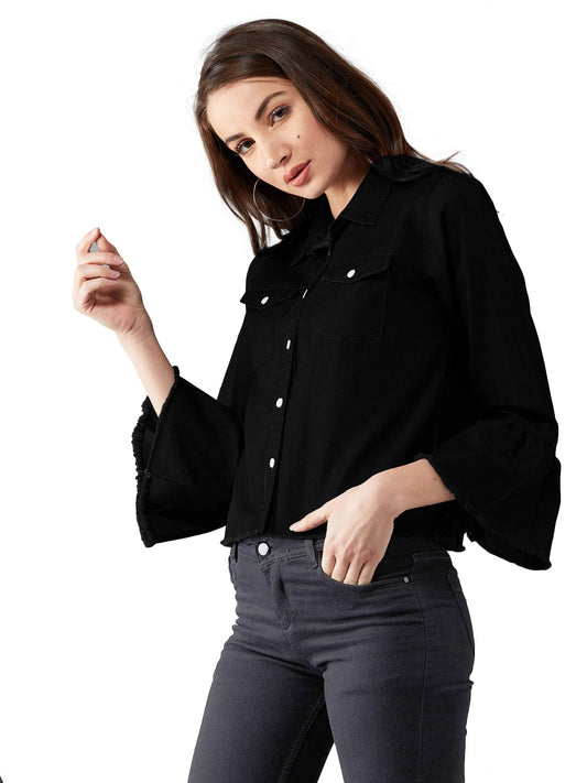 Dolce Crudo WomenS Black Polo Neck Full Sleeves Solid Gathered Crop Jacket( Doaw19Den05-49-62-06_Black_Xl)