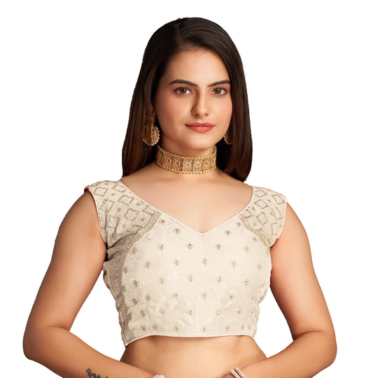 Pujia Mills WomenS Sequin Embroidered V Neck Sleeveless White Readymade Saree Blouse Indian Ethnic Stitched Padded Blouses For