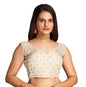 Pujia Mills WomenS Sequin Embroidered V Neck Sleeveless White Readymade Saree Blouse Indian Ethnic Stitched Padded Blouses For