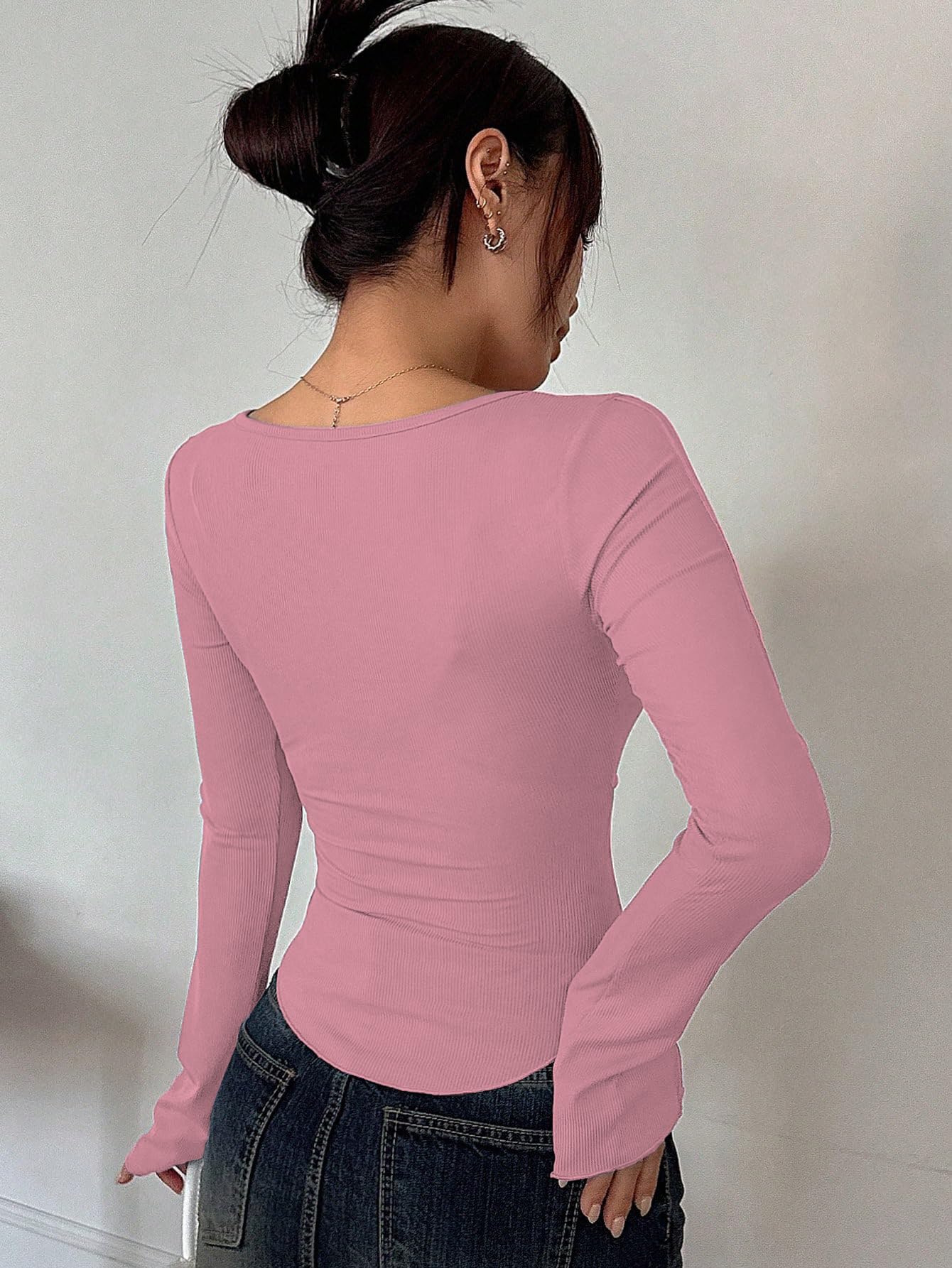Sugathari Womens Peach Solid Long Sleeve Wrap-Style Square Split Crew Neck Bodycon Women T-Shirt Spring And Summer Top, Minimal
