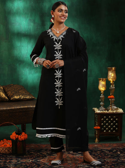 Libas Womens Embroidered Cotton Straight Kurta With Trousers And Dupatta