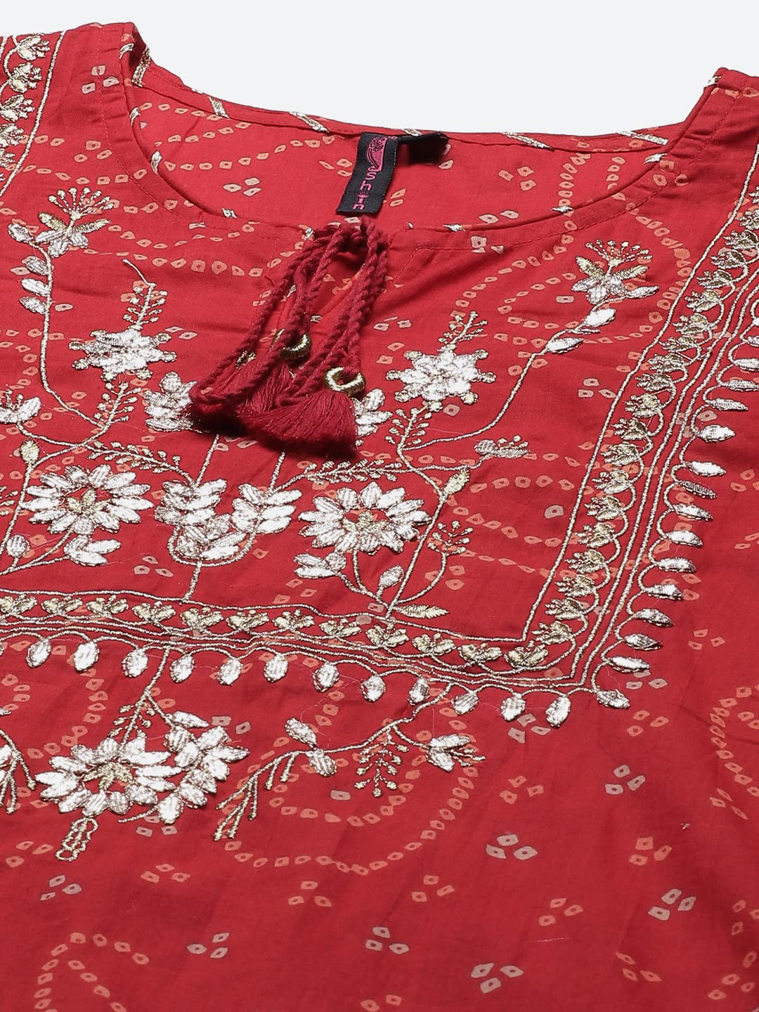ishin Women's Pure Cotton Straight Embroidered Gotta Patti Bandhani print Red Kurta suit set with Sharara