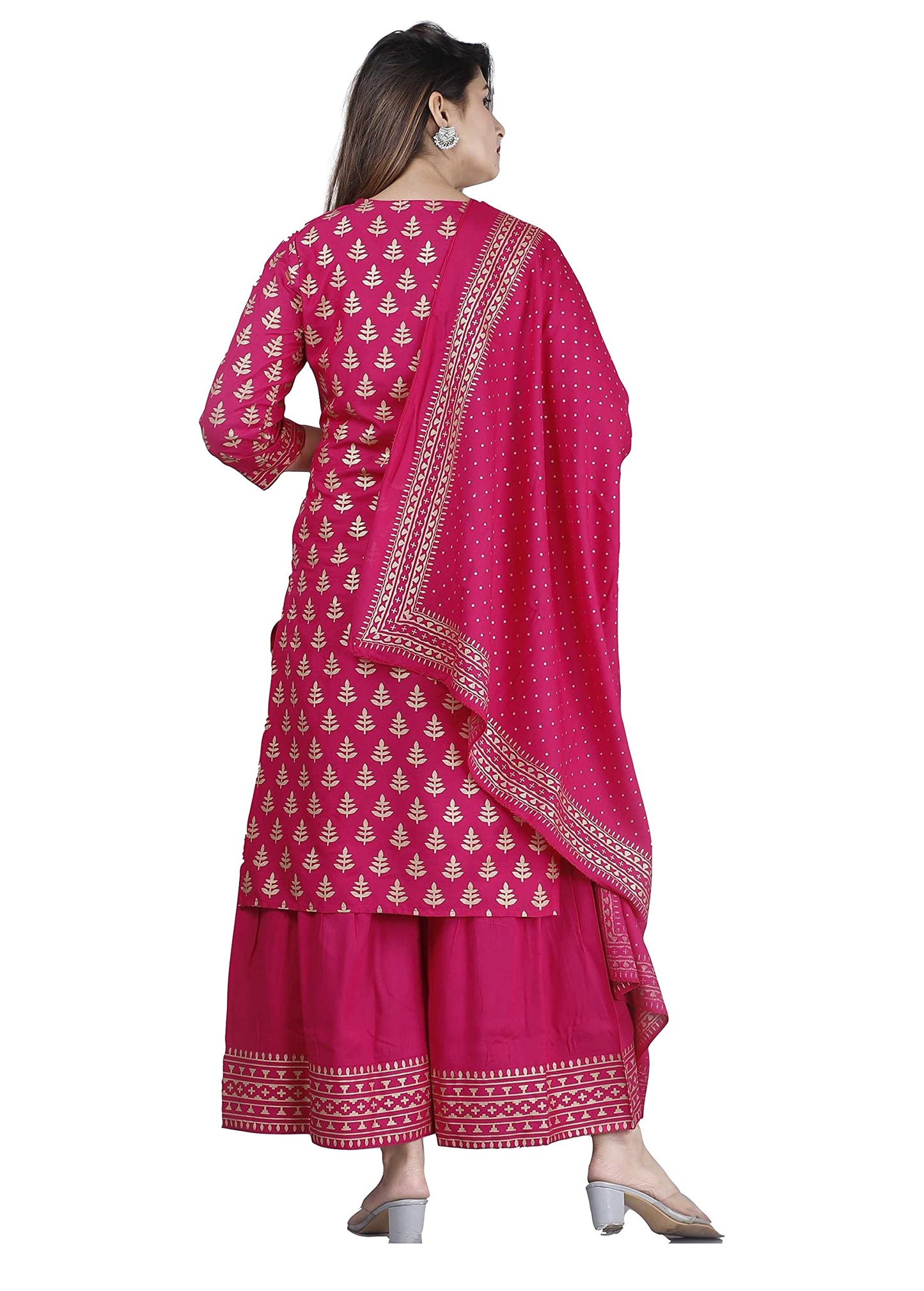 ANNI DESIGNER Women's Rayon Foil Printed Straight Kurta with Palazzos & Dupatta (AMISHA RED_Pink)