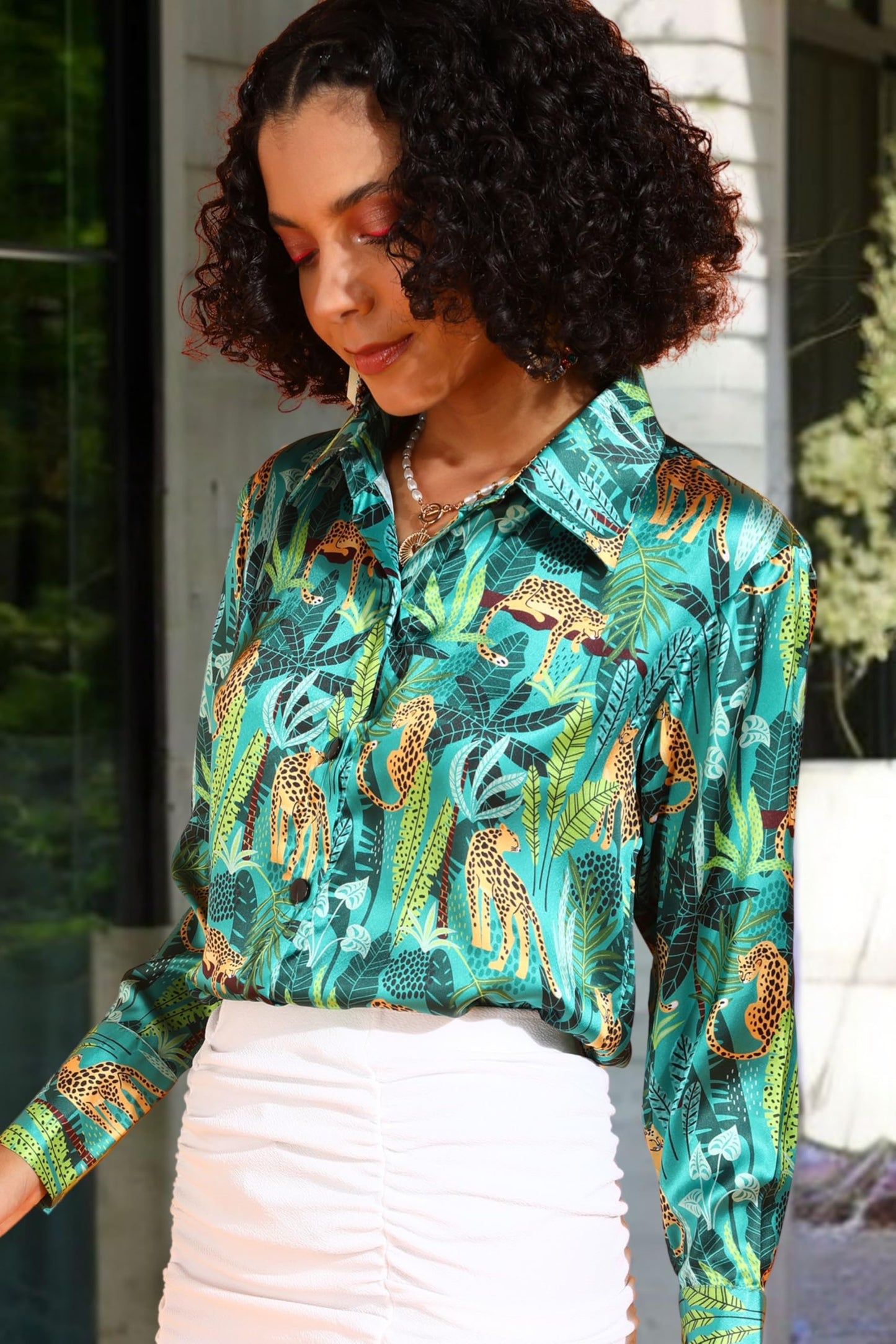 POPWINGS Printed Full-Sleeves Regular-Fit Satin Printed Shirt for Women Stylish Western Casual Wear