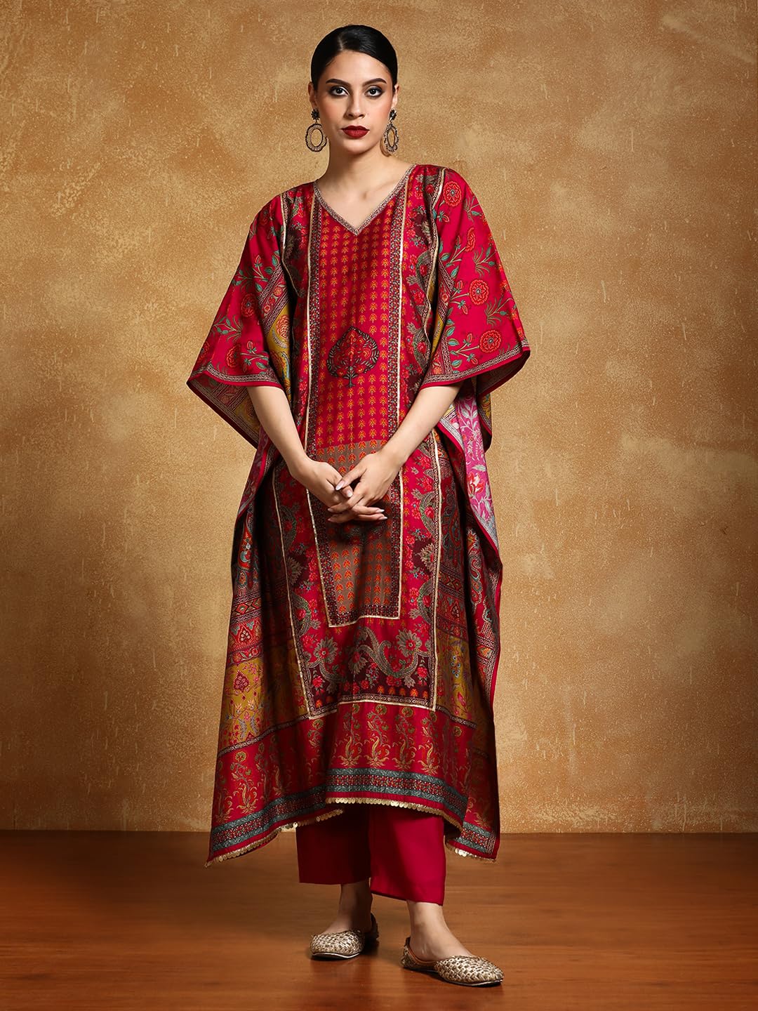 Varanga Gota Detailed Ethnic Floral Printed Kaftan & Trouser-Karva Chauth Special