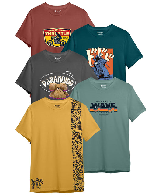 Kyda Kids Boys Cotton Blend Regular Fit Short Sleeve Printed Multicolor T-Shirts For Boys - (Pack Of 5)