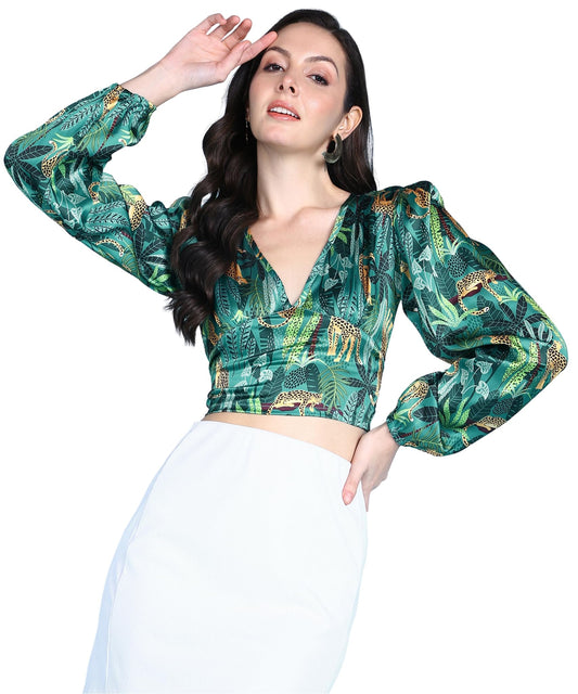 POPWINGS Women Casual Greeb Leopard Printed Satin Smocking Crop Top Green