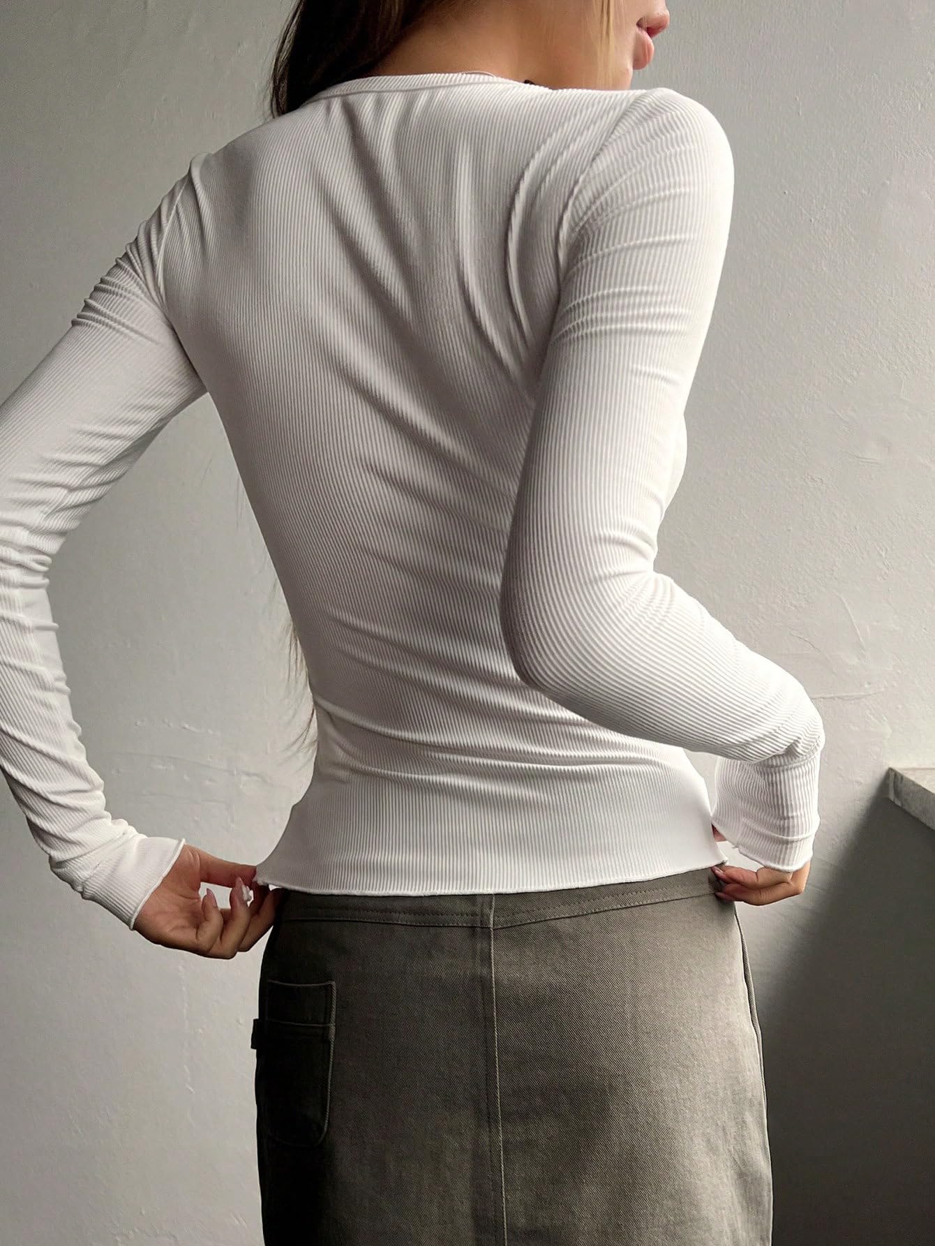 Shasmi Womens & Girls White Long Sleeve Round Neck Solid Color Ruched Workwear Casual Top Half Button Down Henley T-Shirt for