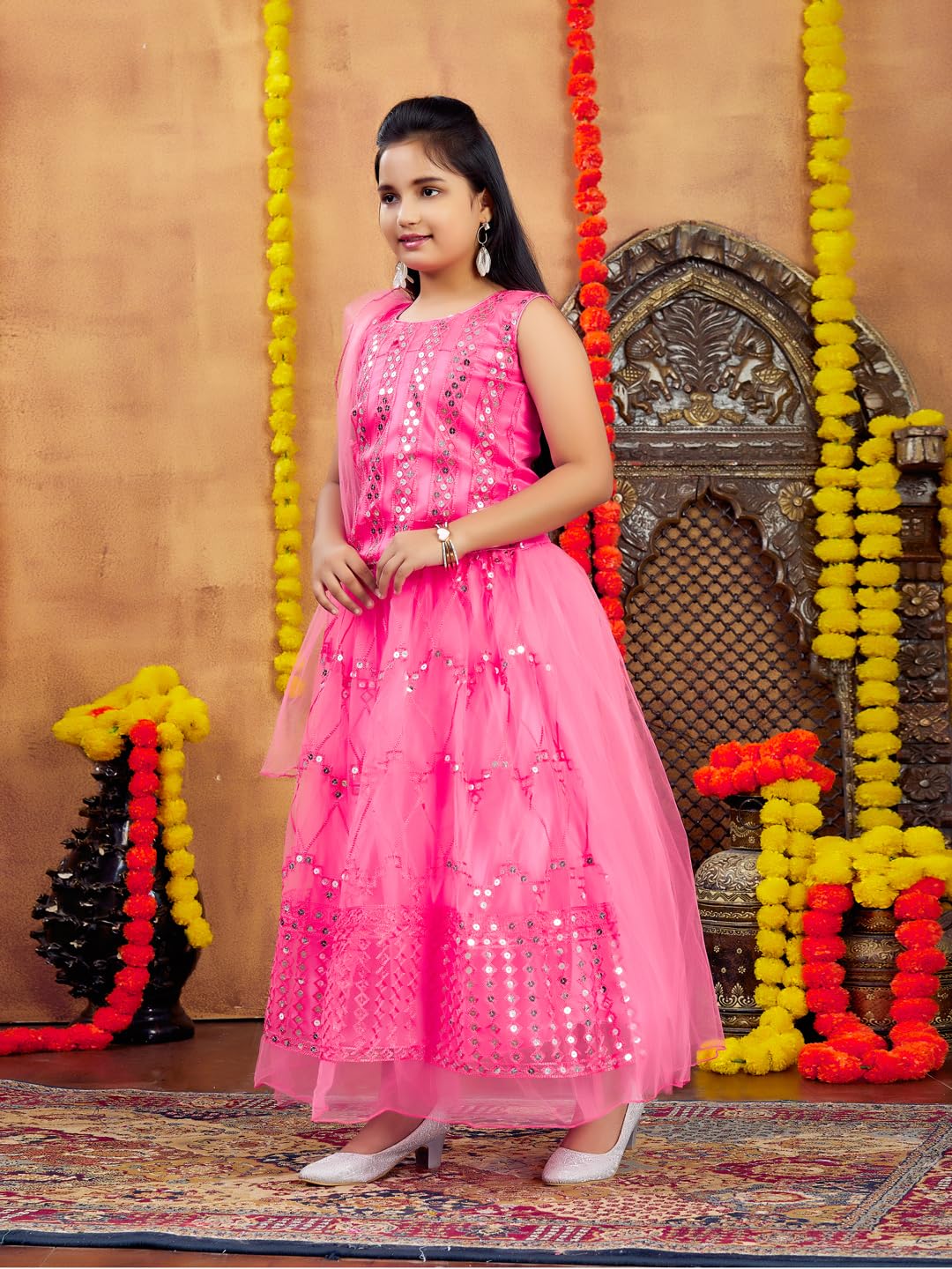 Aarika Girls Ethnic Wear Gajri Colour Sequin Embroidery Net Lehenga Choli Set (4-10 Years)