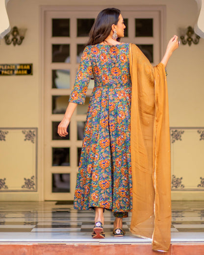GoSriKi Women's Kurta Set with Trousers & Dupatta, Size 44, Mustard, Model LOCKET-MULTI-GS