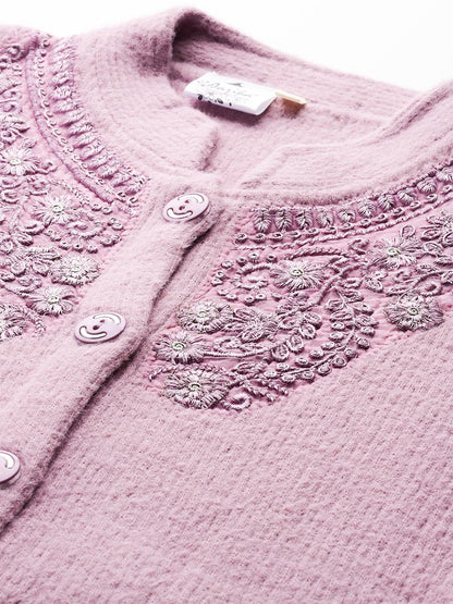 Aarika Womens Winter Wear Purple Colour Embroidery Woolen Cardigan (S-L)