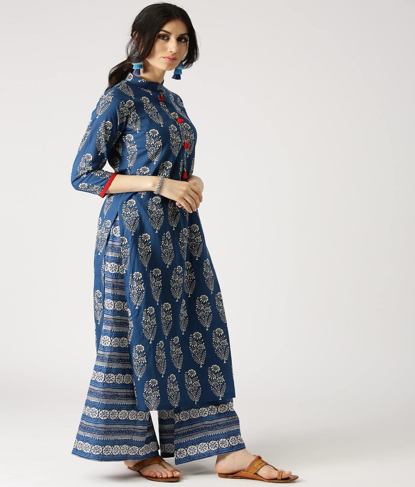 ANNI DESIGNER Women's Cotton Blend Straight Printed Kurta with Palazzo (Firki Blue_S_Blue_Small)
