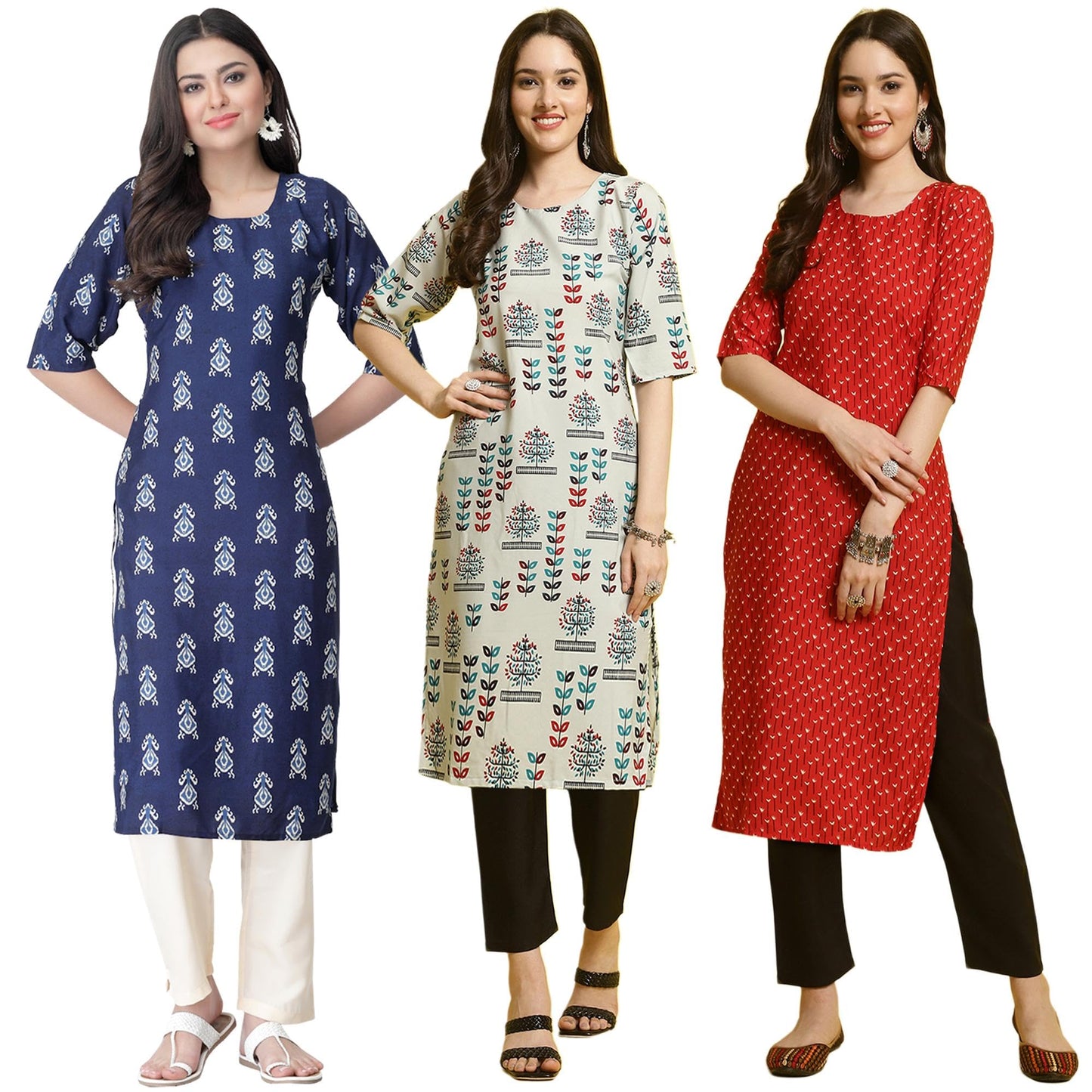 Pinkmint WomenS Crepe Printed Kurta Pant Straight Kurta Set For Women(Pack Of 3)