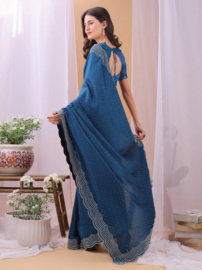 Dhyey Fashion WomenS Chiffon Saree With Unstitched Blouse Piece With Stone Work And Sparkle | Sari For Women Chiffon Saree | Sp