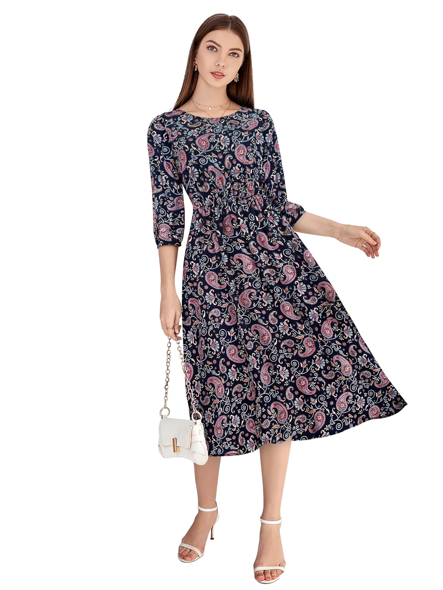 Toochki WomenS Navy Blue Rayon Paisley Print Fit & Flared Western Dress | Dress For Women | A Line Dress | Winter Dress | Weste