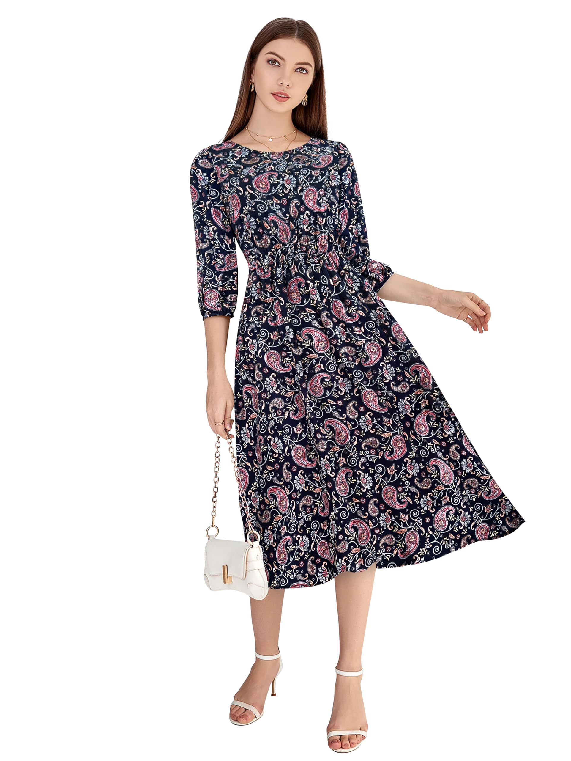 Toochki WomenS Navy Blue Rayon Paisley Print Fit & Flared Western Dress | Dress For Women | A Line Dress | Winter Dress | Weste
