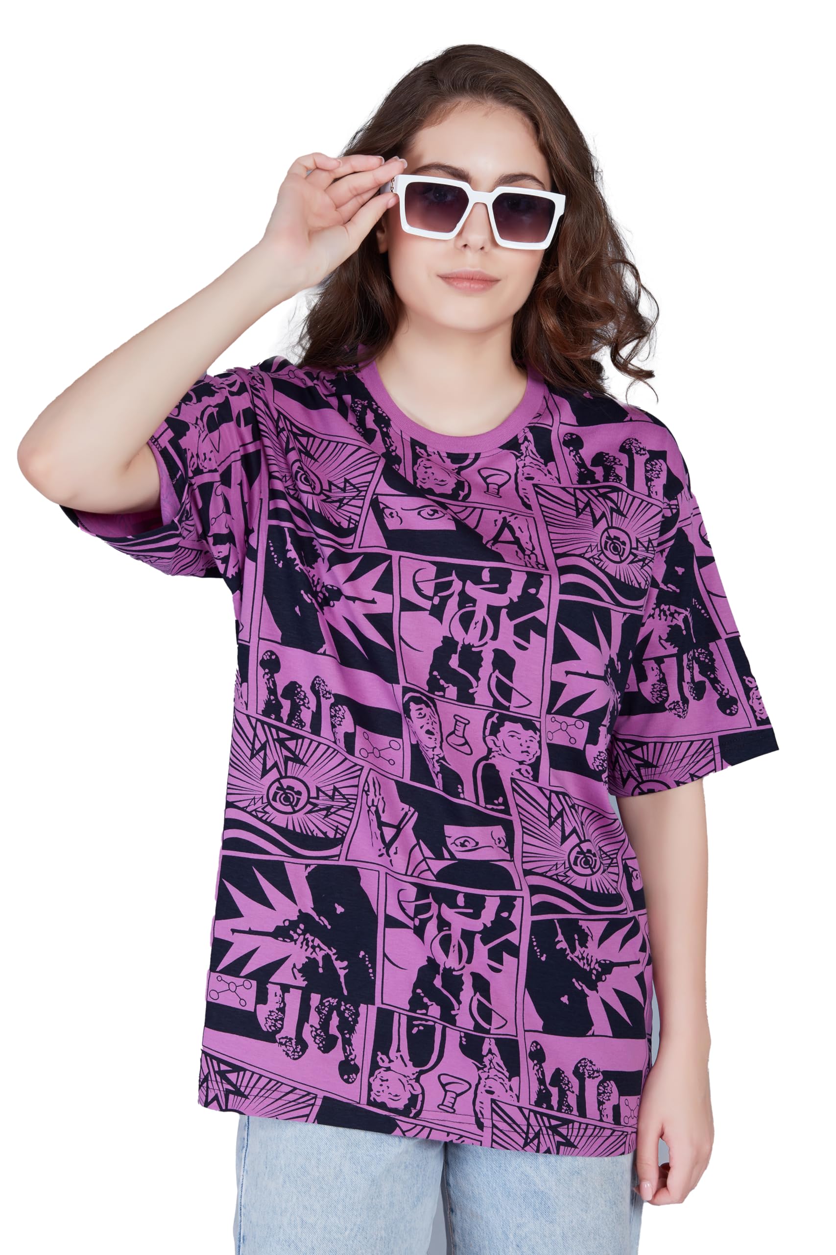 Thalasi Comic All Over Printed Purple Anime Oversized T Shirts For Women - Drop Shoulder Loose Fit Cotton T-Shirt - Trending Nar