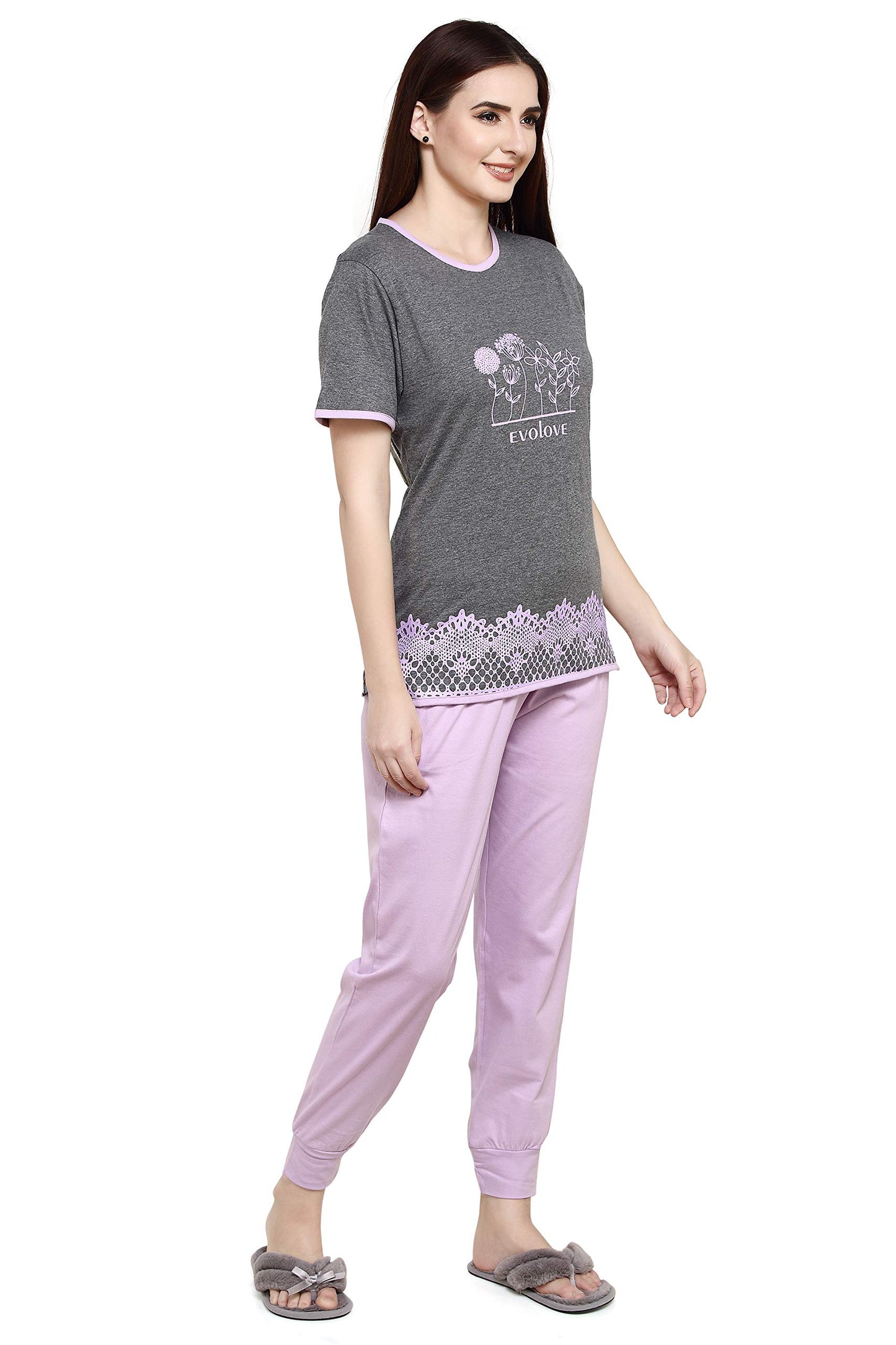 Evolove WomenS Cotton Round Neck Short Sleeves Night Suit Set/Top Pyjama Set Super Soft Comfortable (Light Purple, Npskn1460Pe-