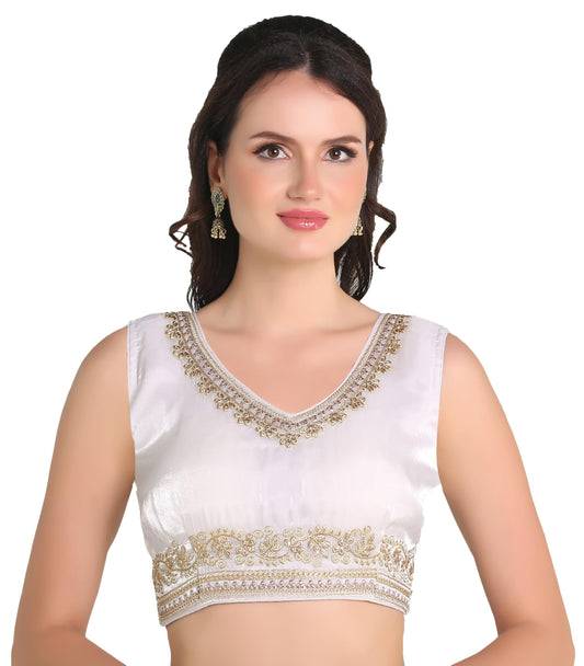 Pujia Mills Womens Sequin Embroidered V Neck Sleeveless Readymade Saree Blouse Indian Ethnic Designer Stitched Readymade Saree