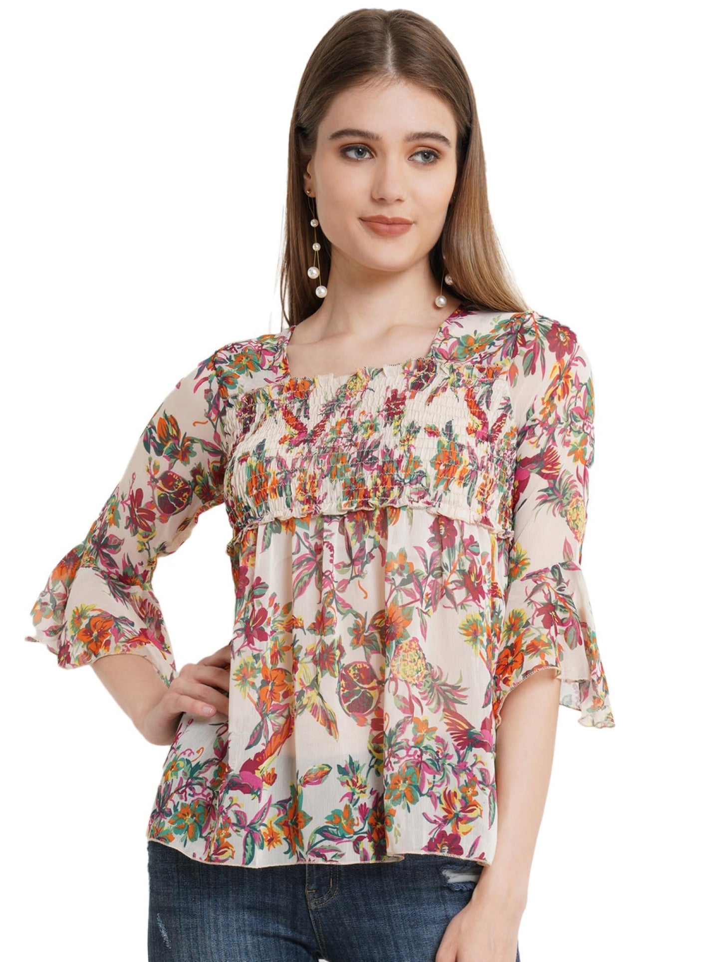 POPWINGS Printed Chiffon Peplum Tops for Women || 3/4th Sleeves Square Neck Women Tops for Summer || Stylish Western Smocking Wo
