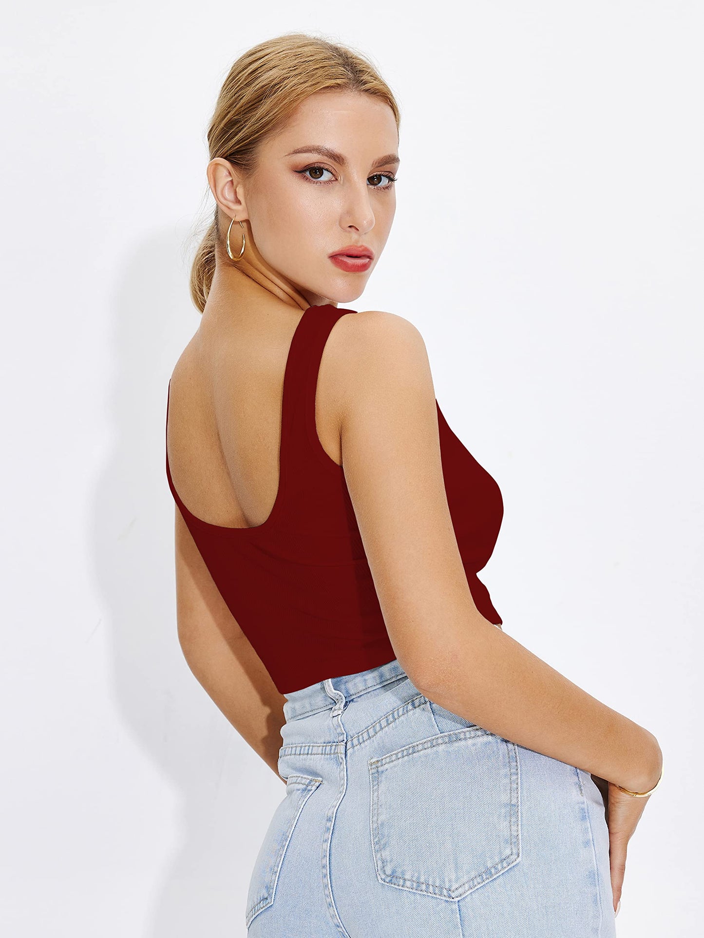 Shasmi Womens & Girls Solid Ribbed Square Neck Collarless Sleeveless Slim Fit Simplicity Tank Tops (Pack of 2) (TOP 36 Maroon