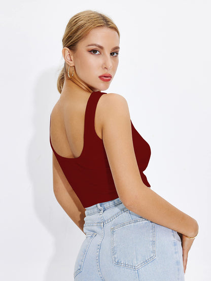 Shasmi Womens & Girls Solid Ribbed Square Neck Collarless Sleeveless Slim Fit Simplicity Tank Tops (Pack of 2) (TOP 36 Maroon