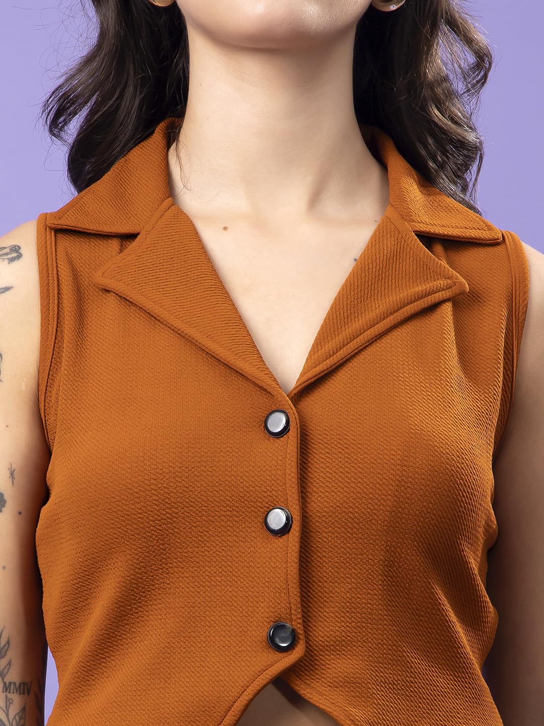 POPWINGS Rust Solid Button Clousre V Neck Sleeveless Waistcoat Crop Top
