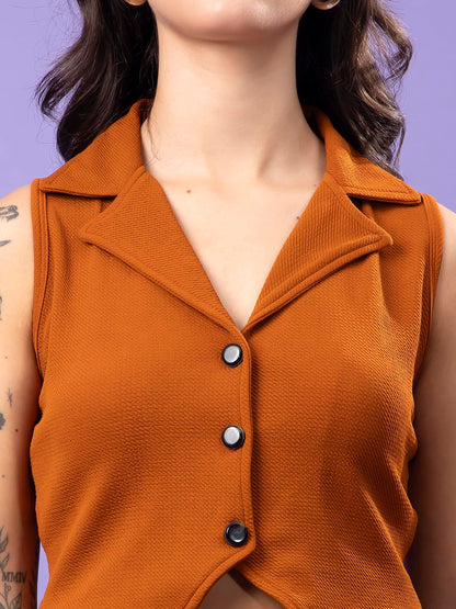 POPWINGS Rust Solid Button Clousre V Neck Sleeveless Waistcoat Crop Top