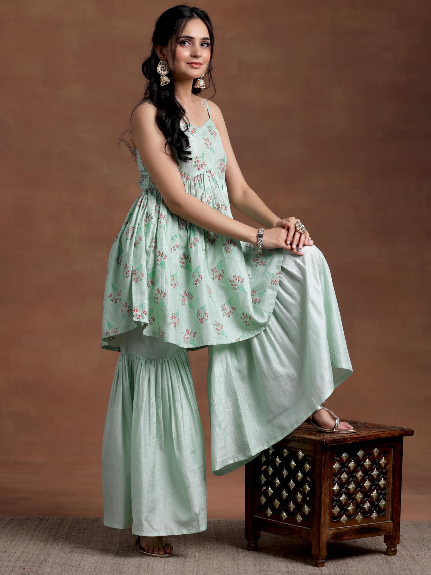 Libas Sea Green Printed Silk Blend A-Line Kurta With Sharara