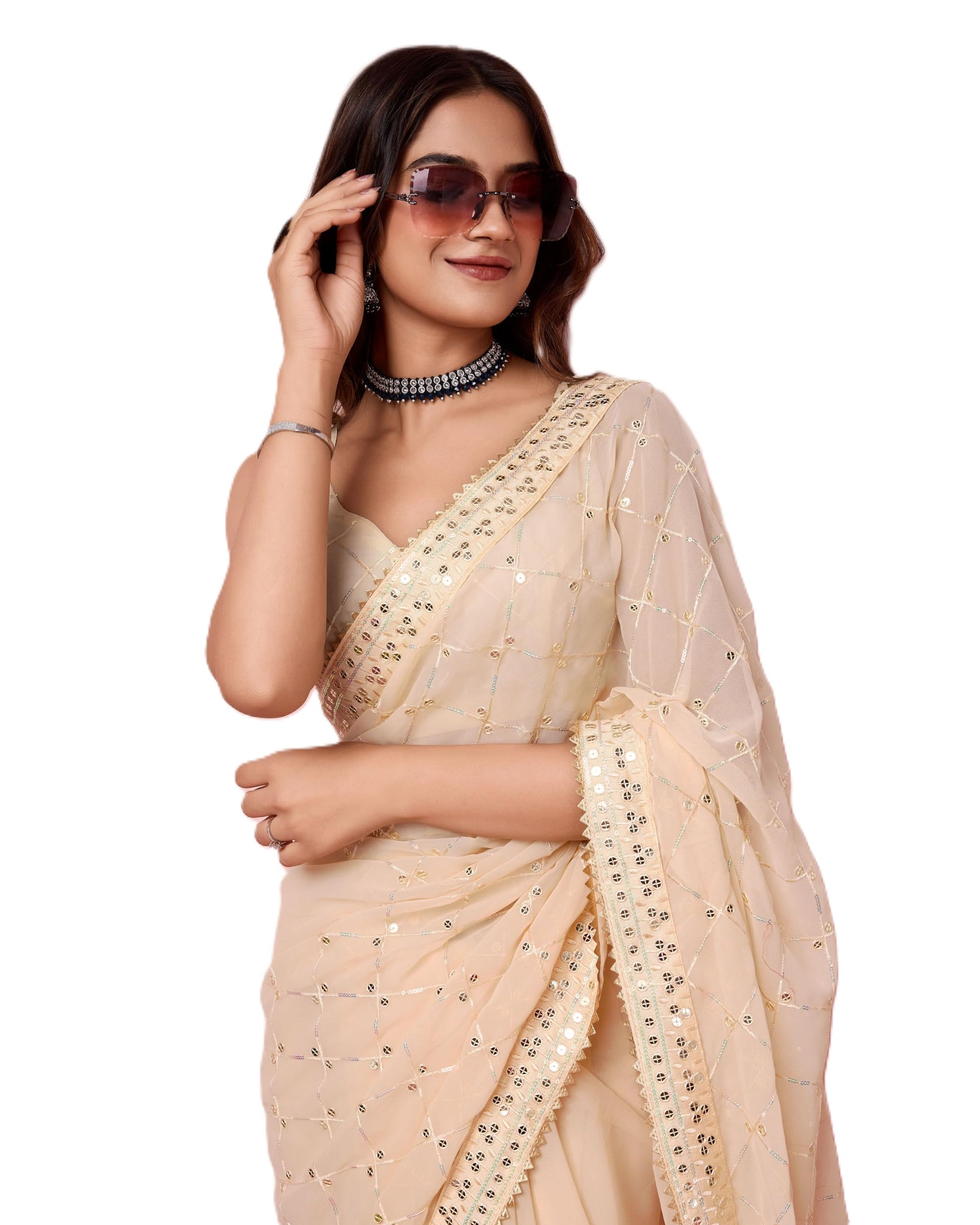 Vairagee Women Soft Georgette Emroidery Saree With Sequence Lace Unstitched Blouse (6236)