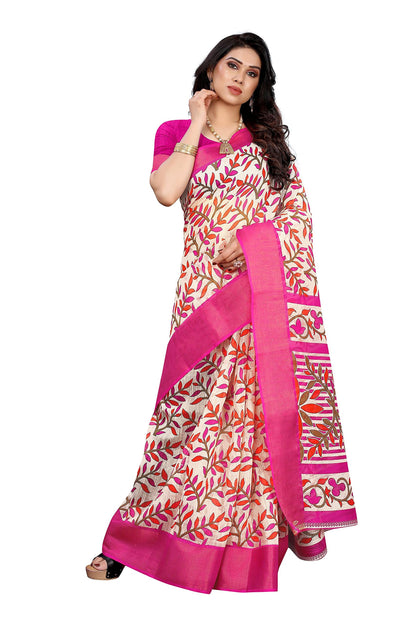 ANNI DESIGNER Womens Linen Cotton Printed Saree with Blouse Piece (AFRIN PINK_Pink)