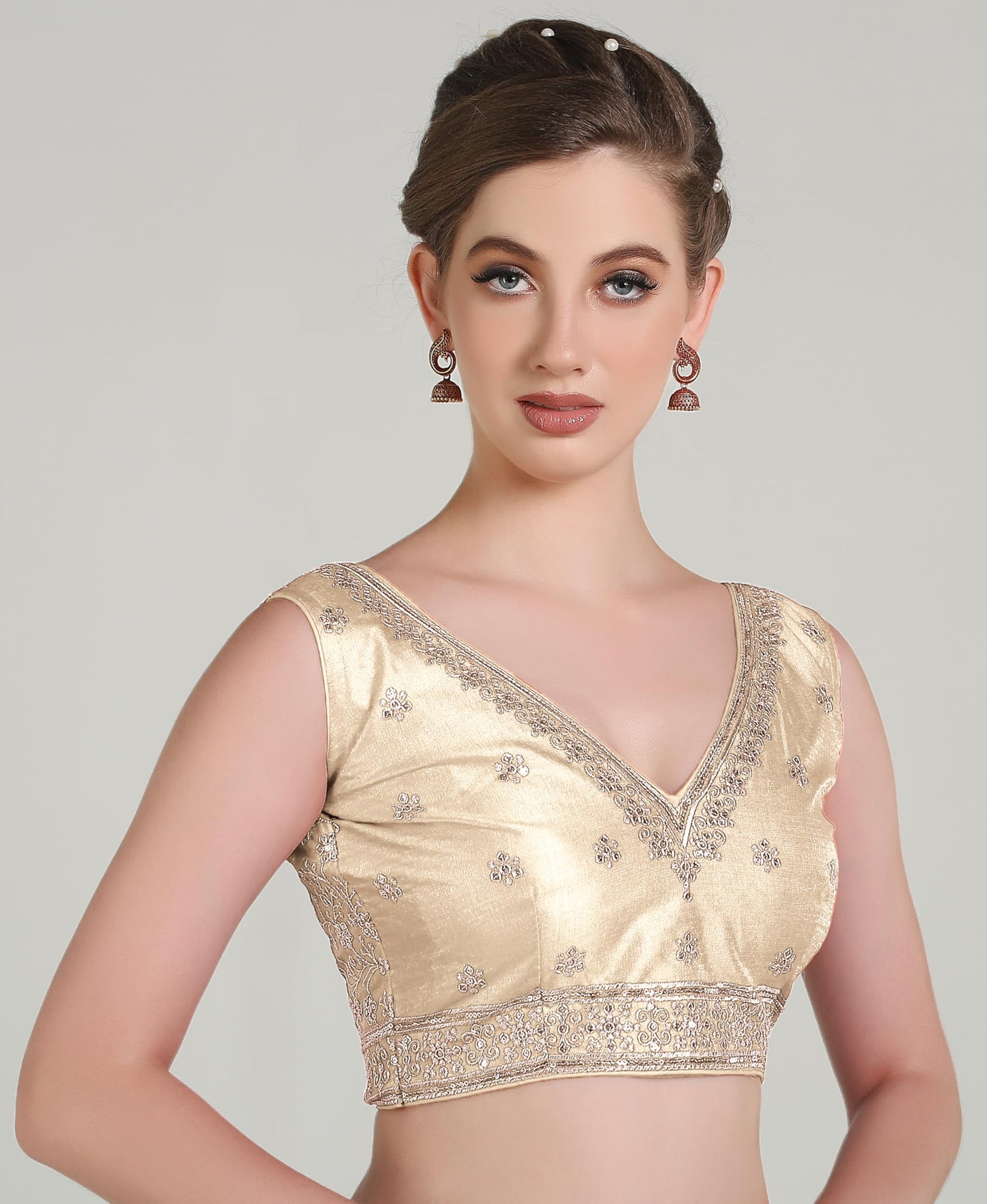 Pujia Mills WomenS Indian Ethnic Wear Designer Golden Zari Embroidery With Sequence Work V Neck Sleeveless Readymadeback Side W