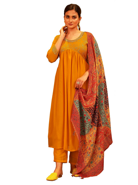 Womanista Women's Georgette Mustard Sequins with Mirror Work Alia Cut Kurta
