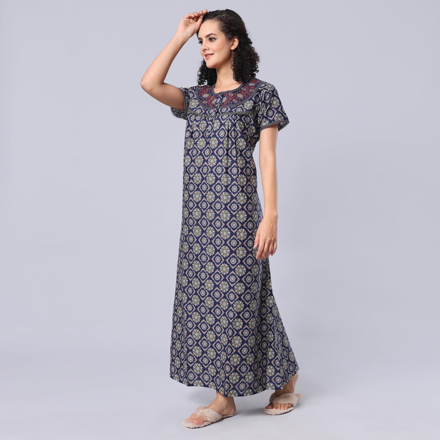 Evolove WomenS 100% Cotton Supersoft With Beautiful Embroidery Long Maxi Night Gown Nighty Dress With Pocket, Most Comfortable