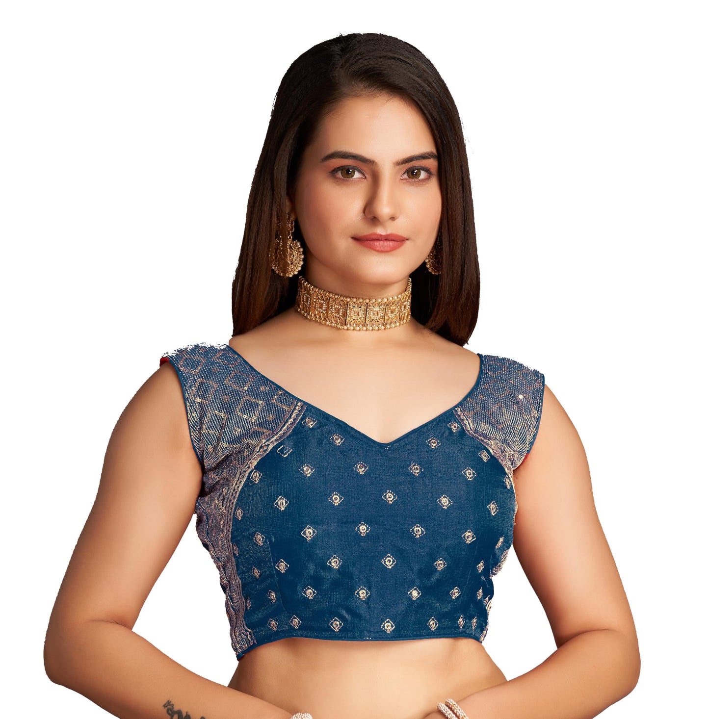 Pujia Mills WomenS Sequin Embroidered V Neck Sleeveless Morpeach Readymade Saree Blouse Indian Ethnic Stitched Padded Blouses F