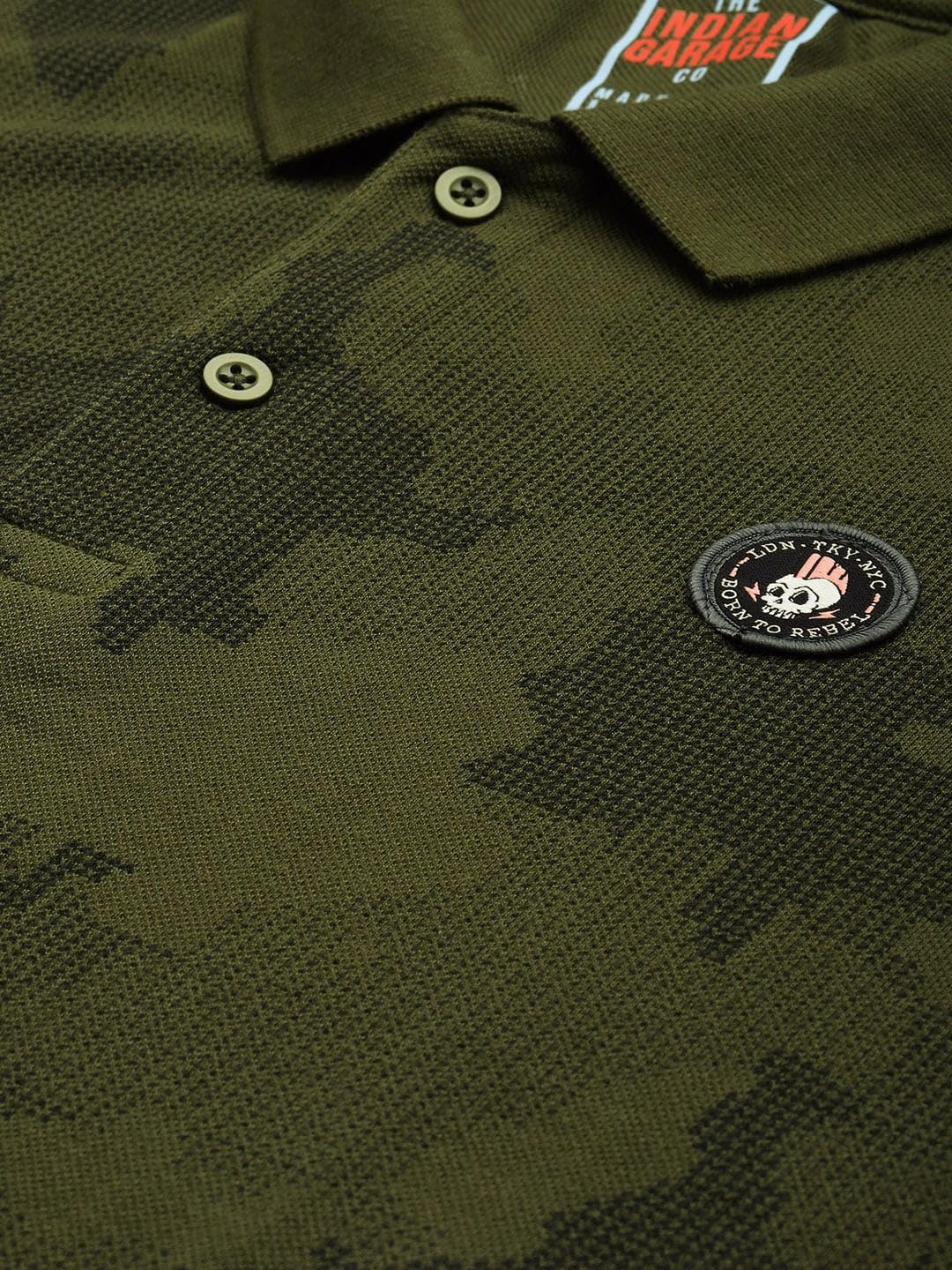 The Indian Garage Co Men Slim Fit Abstract Printed Polo Collar Tshirt Olive