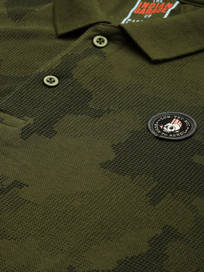 The Indian Garage Co Men Slim Fit Abstract Printed Polo Collar Tshirt Olive